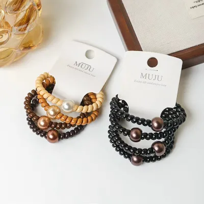4pcs of Pearl Hair Ties for Phone Lines Hair Bands and Ponytail Holders with Barcode for Supermarket Use