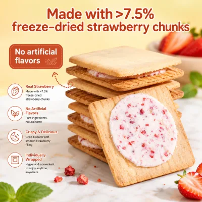 Freeze Dried Strawberry Crispy Sweet Filled Sandwich Biscuits Single Packed OEM Private Label Wholesale Snack Cookies