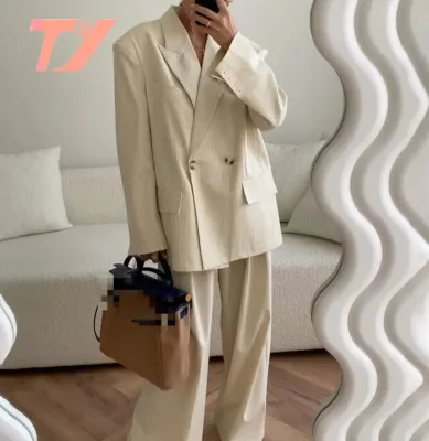 TUOYI High Street Women Clothing Notched Work Leisure Blazers Trousers Striped Two Piece Pants Sets
