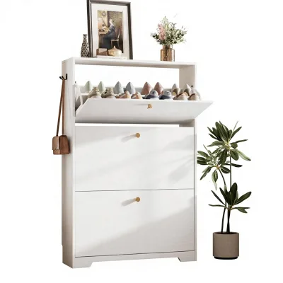 Modern Wood Shoe Cabinet 3 Shelves Freestanding Shoe Rack for Entryway Hallway Living Room White Adjustable Shelves Anti-Tipping