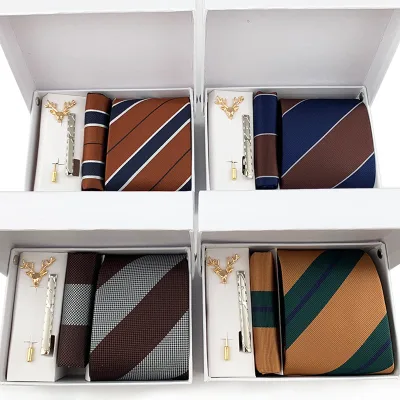 Striped Necktie Set Handkerchief Brooch Tie Clip with Box Package High Quality Mens Ties for Business Wedding
