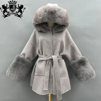 Janefur Hot Selling Ladies Short Hooded Cashmere Wool Coat with Luxury Big Fur Collar and Cuffs Women's Gray Cashmere Coat