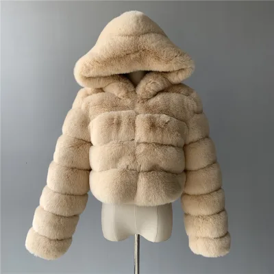 Ladies Winter Warm Bubble Coat Fake Rabbit Fur Coat Hooded Luxury High Quality Wholesale Women Fur Coat Faux