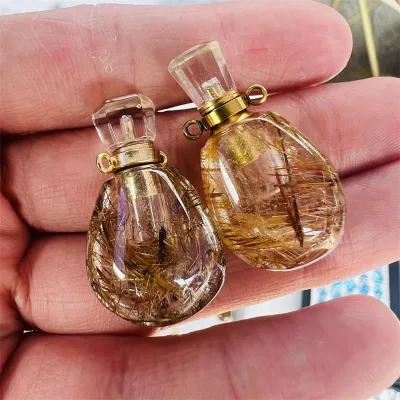 High Quality Natural Hand Carved Gemstone Gold Rutile Quartz Crystal Perfume Bottle Necklace Rutilated Pendant