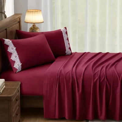 Custom 4pcs Lace Style Solid Sheet Set 100% Brushed Polyester Soft Touch Cozy Bedroom Collection Durable Bed Sheet Set