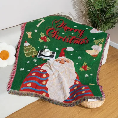 Custom Christmas Green Jacquard Woven Tapestry Throw Blanket Santa Claus & Snowman Pattern with Fringed Edges for Home Decor