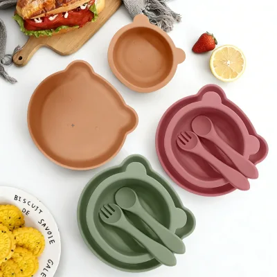 Silicone Mother-and-Baby Suction-Style Teddy Bear Meal Plate Fork-Spoon Set Shatter-Resistant Children's Utensils for Ages 6