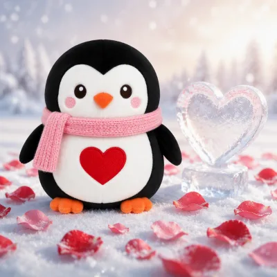 Kawaii Penguin Plush Toy with Red Heart and Pink Scarf for Valentine's Day Gift and Love Decor