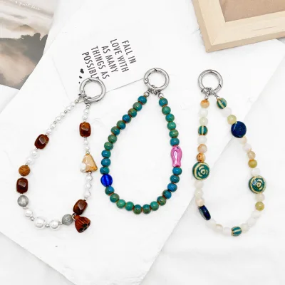 Hot Selling Natural Gemstone Pearl Beads Anti-lost Lanyard Lotus Root Pendant Turquoise Stone Beads Handmade Mobile Phone Strap