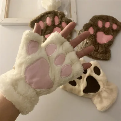 Fashion Girls Lovely Cat Claw Paw Plush Mittens Warm Soft Plush Short Fingerless Women Leisure Bear Cat Mitten Half Finger Gifts