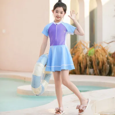 2025 New Girls Sporty One-Piece Swimsuit Quick-Dry Breathable and Sun Protective Printed Dress for Teens