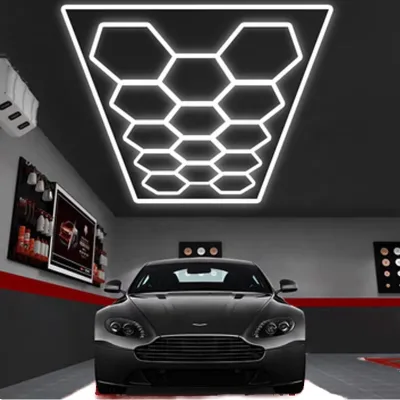 Honeycomb LED Garage Light for Auto Detailing Workshop, Durable Automotive Lighting with Energy-Efficient Hex Grid Design