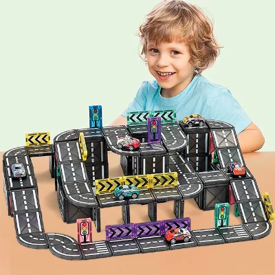 Magnetic Road Track Set 128PCS Kids DIY Assembly Racing Car Road Building Blocks Exercise Spatial Thinking and Traffic Cognition