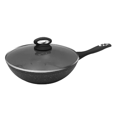 28cm Aluminum Black Speckled Marble Nonstick Chinese Wok Asia Korea Style Wok