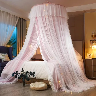 Luxury Pink Lace LED Lights King Queen Size Dome Bed Canopies Single/Double Mosquito Nets for Princess Bedroom Camping