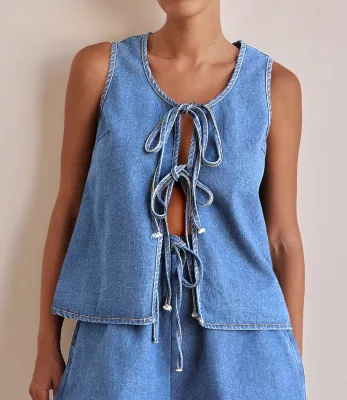 Europe and the United States Style Summer Fashion Casual Sleeveless Lace-Up High Waist Women's Denim Tops Suit Shorts