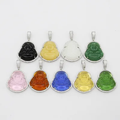 Duyizhao Fashion Hip Hop Jewelry Brass Iced CZ Colorful Glazed Jade Maitreya Buddha Pendant Multicolour Necklace 14K Gold Plated