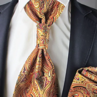 Wholesale Big Wide Paisley Gold Red Polyester Necktie for Men Business Wedding Groom Gift Tie Ascots Pocket Square Hanky Set