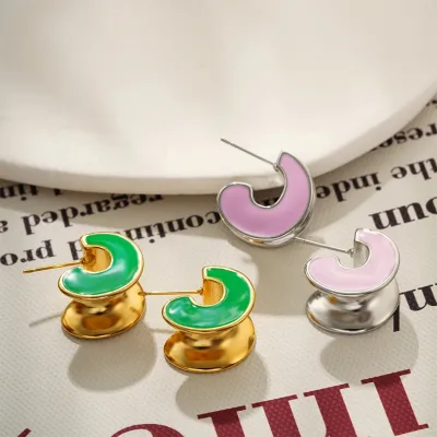 Fashion Women's 18K Gold Plated Double-Layer Enamel Color Wide C-shape Hoop Earrings Thick Ear Studs Stainless Steel Butterfly