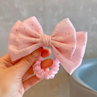 Girls Double Layered Hair Bows Beautiful Solid Color Hair Scrunchies All-season Hair Clip with Rhinestone