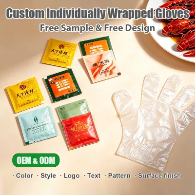 Custom Logo Disposable Food Grade Plastic Gloves Individually Wrapped Single Pack Food PE Gloves for Restaurant