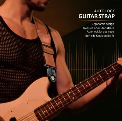 Custom Durable Leather Guitar Strap for Acoustic/Electric/Bass Guitar with Auto Lock-Multiple Colors Matte Finish