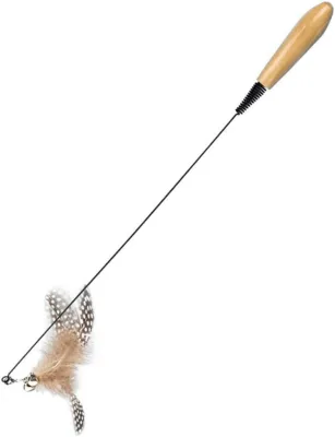 Modern Eco-Friendly Interactive Cat Toy with Wooden Handle Feather Bell Removable Replacement Head & Durable Scratch Wand