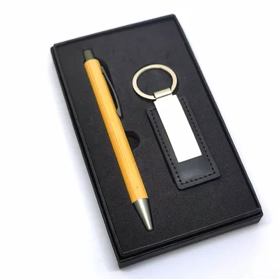 Corporate Giveaway Stationaries Gift Set Luxury Custom Logo Souvenir Wood Pen Metal and Leather Keychain Gift Set