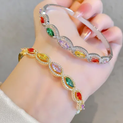 Multicolor Zircon Copper Bracelet with Gold Plating-Middle Eastern Dubai Inspired Office/Career Jewelry Versatile Everyday Wear