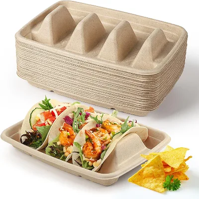 Disposable Biodegradable Takeaway Taco Holder Sugarcane Bagasse Taco Food Container With Lid
