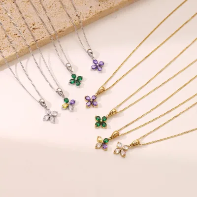 French Stainless Steel Necklace Jewelry Amethyst 4 Leaf Clover Crystal Necklace Wholesale 18k Gold Necklace Girls