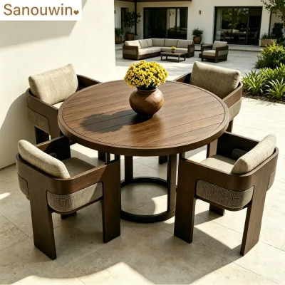 Modern Durable Comfortable All-weather Aluminum Frame Dining Table with Rattan Dining Chair for Home Apartment Restaurant Hotel