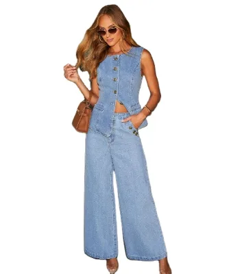European and American Fashion Temperament New Button Sleeveless Vest Wide Leg Jeans Denim Suit