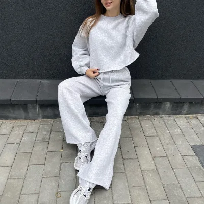 Custom Crew Neck Sportswear Sweatsuit Workout Fitness Fleece Plus Size Sweatshirt and Sweatpants Sets Tracksuit Women