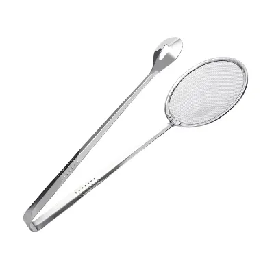 28*10cm Stainless Steel Deep Frying Tongs With Strainer Fry 2-in-1 Kitchen Sifter Mesh Strainer Skimmer Tongs.