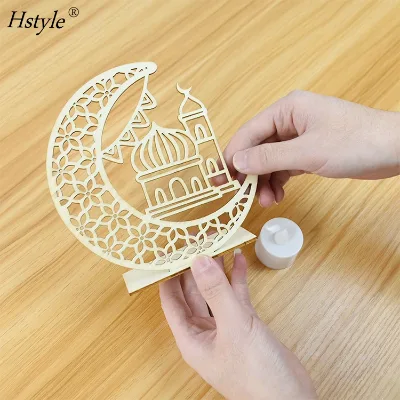 Hstyle EID Mubarak Wooden Pendant with LED Candles Light Ramadan Decorations for Home Islamic Muslim Party Decor Kareem Ramadan