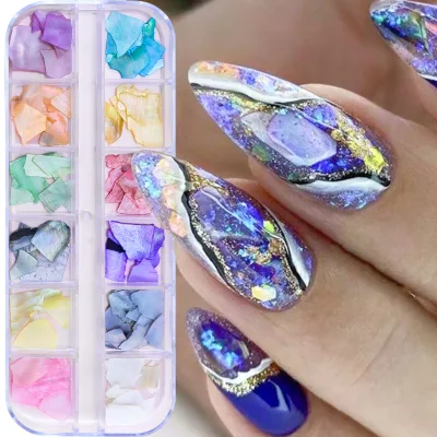 Hot Sale12 Grid/box Mixed Color Nail Sequins 3D Mica Abalone Shell Irregular Glitter Sea Shell Fragments Nail Decoration