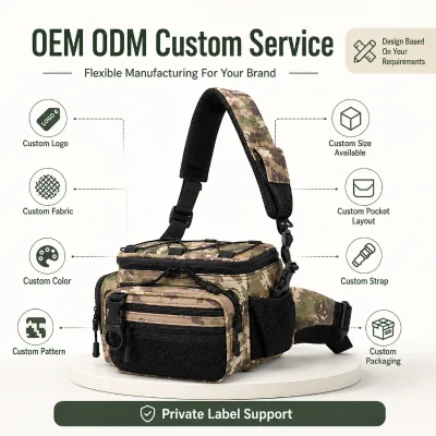 Custom Wholesale High Quality Polyester Waterproof Sling Fishing Backpack Detachable Waist Belt for Rod Lure Reel Custom Logo