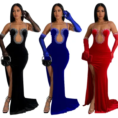 Private Label Elegant Velvet Party Evening Dress Side Split Sleeveless Mermaid Trumpet Dress With Sleeves