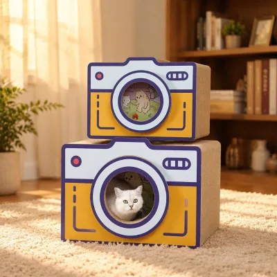 Vintage Camera Cat Scratcher Corrugated Cardboard Scratch Board & Cat House Bed No-Shedding Cat Toy for Indoor Cats