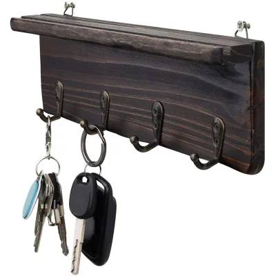Wood Key Holder Farmhouse Wall Shelf with 4 Hooks Wall Mounted Key Racks for Entryway Key and Mail Holder for Wall