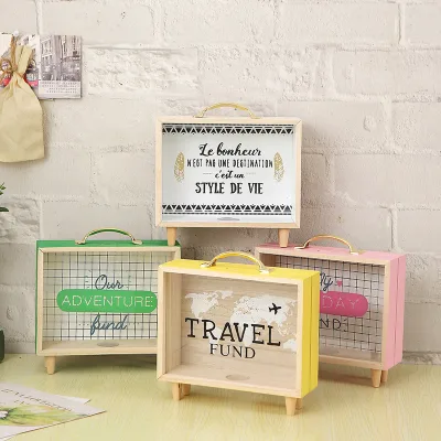 Kids Wooden Money Saving Bank Shadow Money Box in Suitcase Design Coin Saving Jar for Boys and Girls