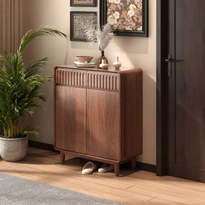 Luxury Modern Chinese Style Walnut Solid Wood Shoe Rack Cabinet Carved Patterns Dustproof Extendable Features for Warehouse