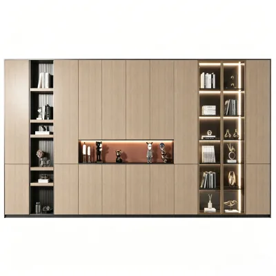 BALOM Simple Nordic Style Wall Book Unit Built-in Nook LED Light Large Capacity Combination Book Storage Organizer Cabinet