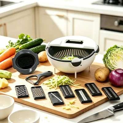 9-in-1 Multi-functional Vegetable Chopper Grater Peeler Dicer Colander Strainer Washing Basket (Plastic)
