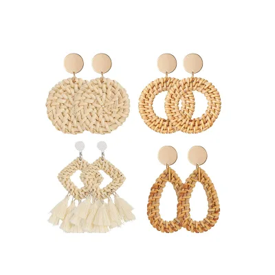 Low MOQ 10pcs Wholesale Summer Jewelry Bohemian Weave Knit Hoop Bamboo Rattan Straw Earrings Woman