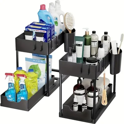 Kitchen Bathroom Under Sliding Cabinet Basket Organizer 2 Tier Under Organizer With Hooks Hanging Cup and Chopstick Holders