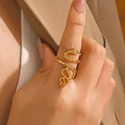 French-style Vintage Stainless Steel Snake-shaped Ring, Personalized Animal Hammered-Texture Simulated Snakes, Adjustable