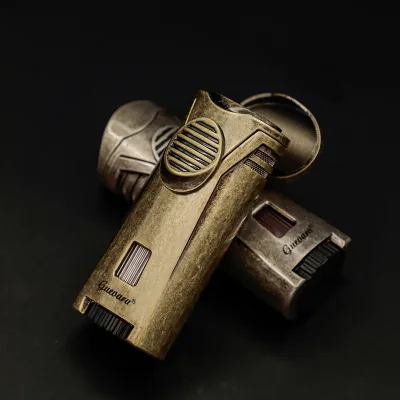 Antique Pocket Cigar Lighter Single Torch with Adjust Flame and Lighter Top Can As a Cigar Holder