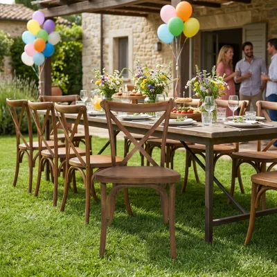 Wholesale Vintage WoodLook PP Plastic X Back Chair Stackable Event Chair for Wedding and Party Rental Business